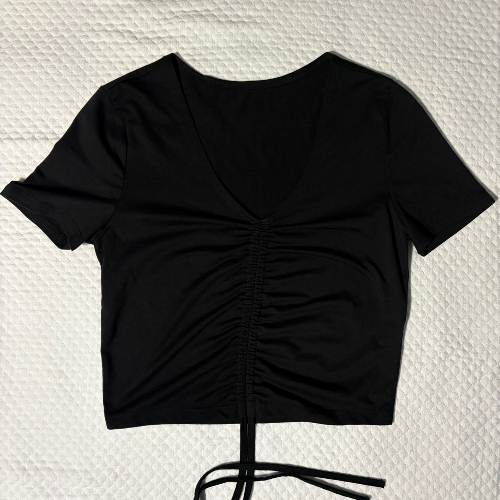 NWOT Black Ruched V-Neck Top